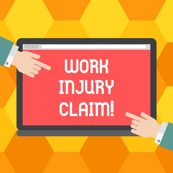 Handwriting text Work Injury Claim. Concept meaning insurance providing medical benefits to employees Hu analysis Hands from Both Sides Pointing on a Blank Color Tablet Screen. — Stock Photo, Image