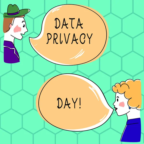 手書きテキスト データ プライバシーの日を書きます。意識を高めるし、空白色バルーンの写真「プライバシー手描画男および Wo 分析話を促進する概念意味の日. — ストック写真