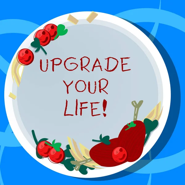 Ecriture conceptuelle montrant Upgrade Your Life. Photo d'affaires mettant en valeur améliorer votre mode de vie Obtenir plus riche et plus heureux main dessiné côtelettes d'agneau Herbe épice tomates cerises sur assiette . — Photo