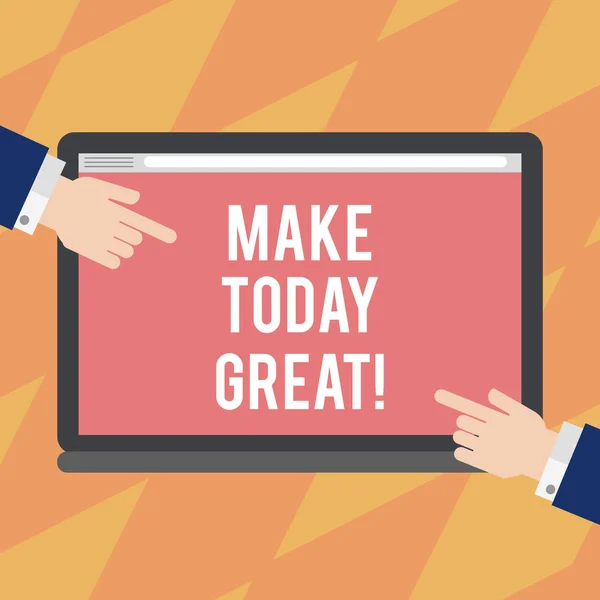 Text sign showing Make Today Great. Conceptual photo start looking at the positive side be productive Hu analysis Hands from Both Sides Pointing on a Blank Color Tablet Screen. — Stock Photo, Image