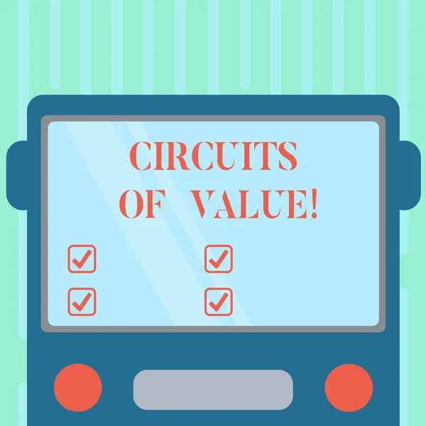 Word writing text Circuits Of Value. Business concept for system is being designed with central goal using offchain Drawn Flat Front View of Bus with Blank Color Window Shield Reflecting.