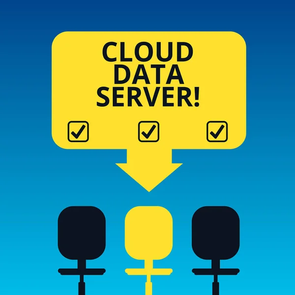 Escritura a mano de texto Cloud Data Server. Concepto significado construido alojado a través de la plataforma informáticaInternet Espacio en blanco Color Flecha Señalando a una de las tres sillas giratorias foto . — Foto de Stock