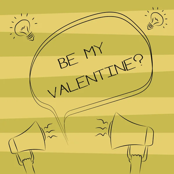 Text sign showing Be My Valentine. Conceptual photo Proposal to go on a date on February 14 roanalysistic feelings Freehand Outline Sketch of Blank Speech Bubble Megaphone Sound Idea Icon. — Stock Photo, Image