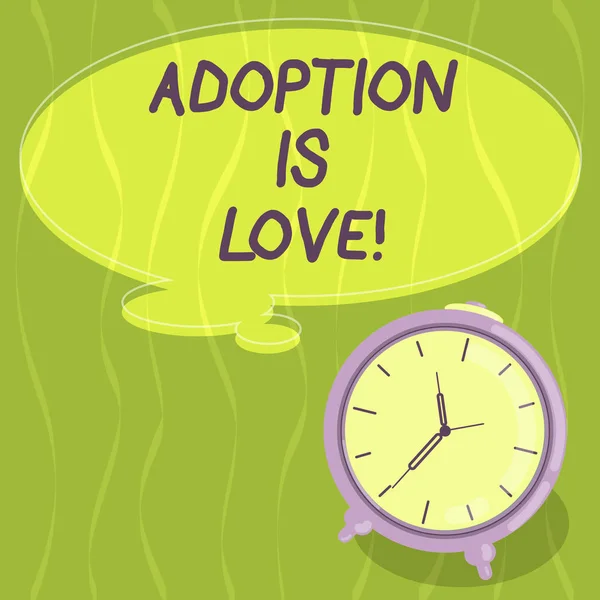 stock image Writing note showing Adoption Is Love. Business photo showcasing action or fact of adopting or being adopted is kind Blank Color Thought Speech Bubble with Outline and Alarm Clock photo.