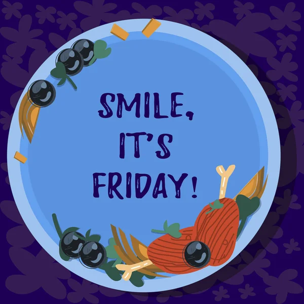 Text sign showing Smile It S Is Friday. Conceptual photo be pleased kind or amused facial expression at weekend Hand Drawn Lamb Chops Herb Spice Cherry Tomatoes on Blank Color Plate. — Stock Photo, Image