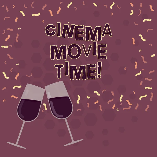Word writing text Cinema Movie Time. Business concept for which entertainment such showing movie scheduled to start Filled Wine Glass Toasting for Celebration with Scattered Confetti photo.