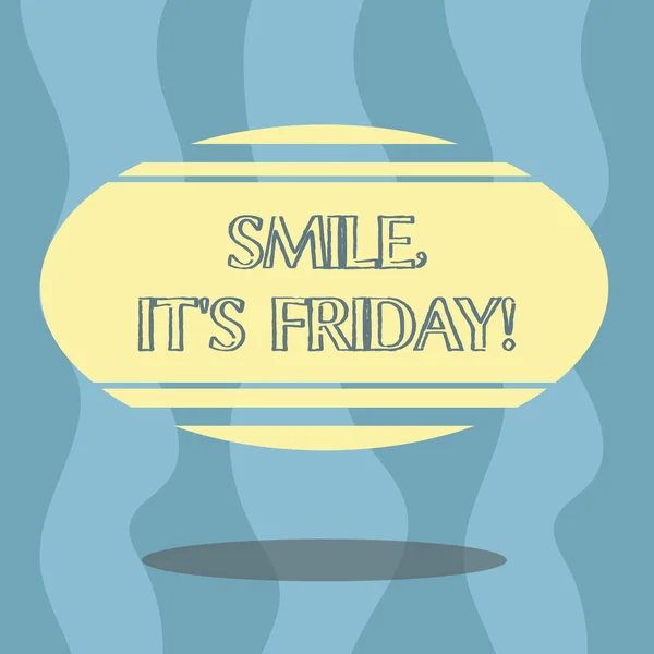 Conceptual hand writing showing Smile It S Is Friday. Business photo showcasing be pleased kind or amused facial expression at weekend Color Oval Shape with Horizontal Stripe Floating and Shadow. — Stock Photo, Image