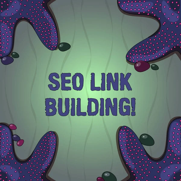 Conceptual hand writing showing Seo Link Building. Business photo text getting other websites to link back your website Starfish on Four Corners with Pebbles for Poster Ads Cards. — Stock Photo, Image