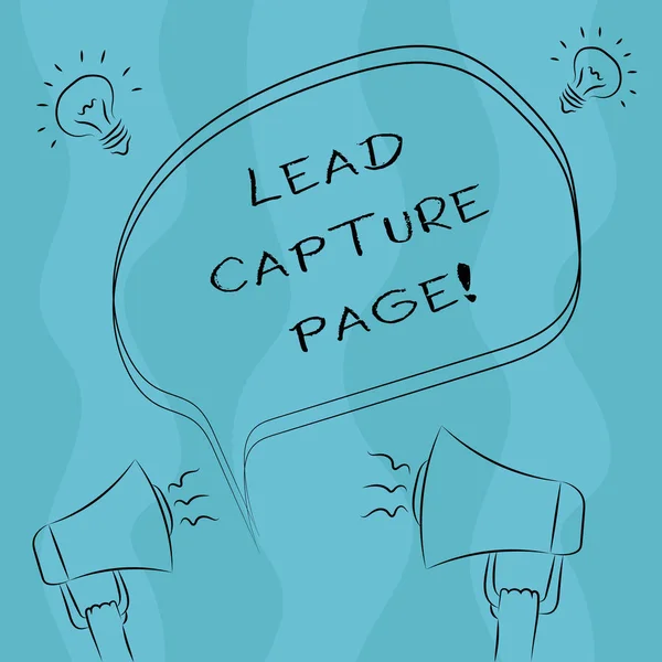 Conceptual hand writing showing Lead Capture Page. Business photo showcasing landing sites that helps collect leads for promotions Freehand Outline Sketch of Speech Bubble Megaphone Idea Icon. — Stock Photo, Image