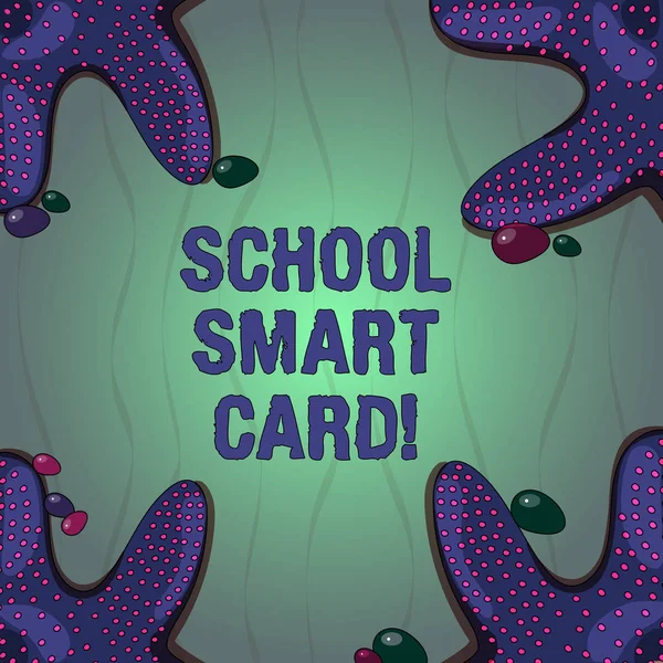 显示学校智能卡的概念手写. 商务照片文本集成电路卡, 让孩子们进入海星在四角与鹅卵石海报广告卡. — 图库照片