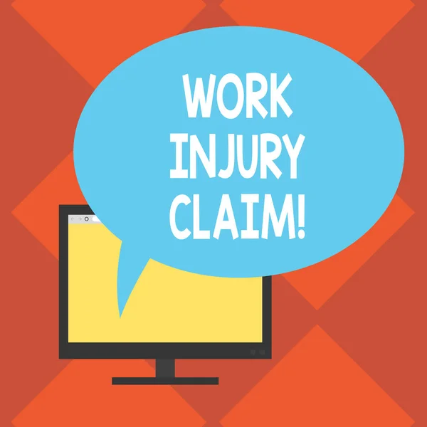 Handwriting text Work Injury Claim. Concept meaning insurance providing medical benefits to employees Mounted Computer Monitor Blank Screen with Oval Color Speech Bubble.