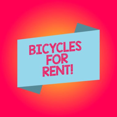 Kiralık bisikletler yazma el yazısı metin. Kiralar anlam kavramı kısa süreler genellikle birkaç saat için boş renk katlanmış afiş şerit düz stil fotoğraf duyuru Poster için motosiklet.