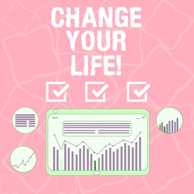 Word metin Change Your Life yazma. Dijital karma, sütun satır veri grafik grafik Tablet ekranında sağladığınızda iş kavramı için yaşam hedefleri ve ödül kendinizi ayarlamak.
