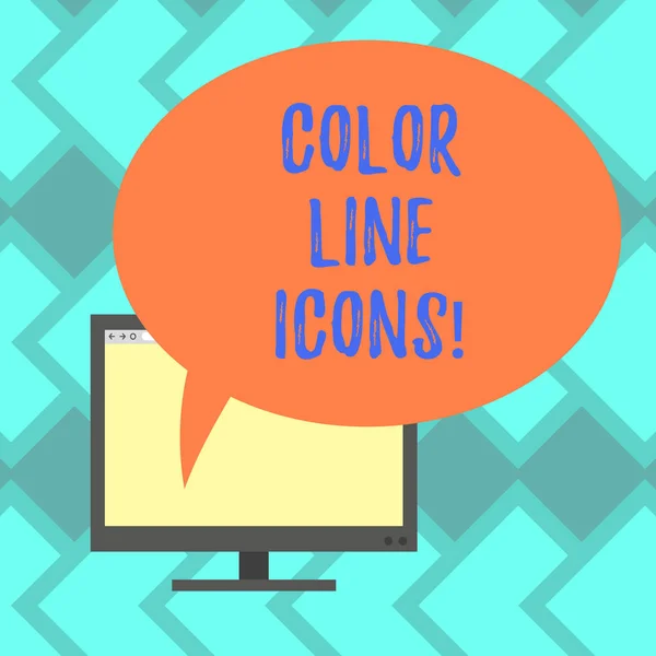 Text sign showing Color Line Icons. Conceptual photo colored figures help us to go faster in way or open app Mounted Computer Monitor Blank Screen with Oval Color Speech Bubble. — Stock Photo, Image
