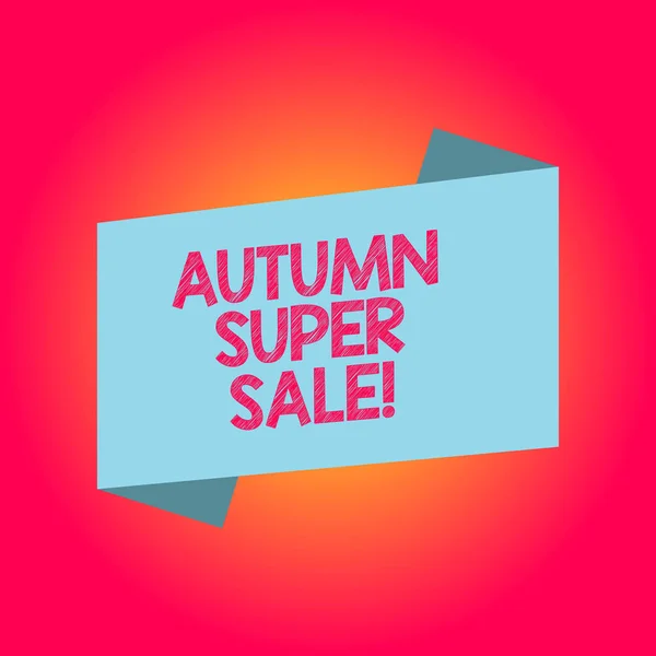 Handwriting text writing Autumn Super Sale. Concept meaning having great discounts products on season after summer Blank Color Folded Banner Strip Flat Style photo for Announcement Poster. — Stock Photo, Image