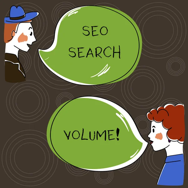 Schreibnotiz mit seo search volume. Business-Foto präsentiert Quantität der Suchanfragen, die für bestimmte Stichwort Hand wo Analyse sprechen Foto mit leeren Farbe Sprechblase auftreten. — Stockfoto