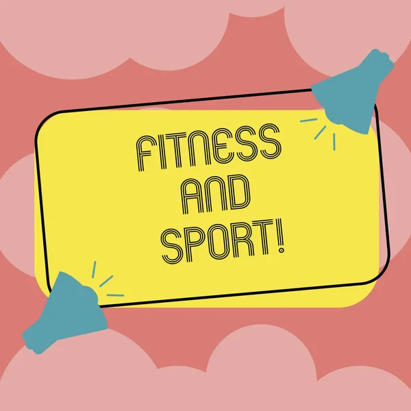 Schrijven van notitie weergegeven: Fitness en Sport. Zakelijke foto presentatie van de voorwaarde dat fysiek fit en gezond op goede manier twee megafoon met geluidspictogram op kleur geschetst rechthoekige vorm. — Stockfoto