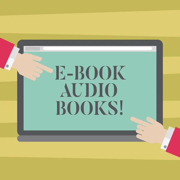 Text sign showing E Book Audio Books. Conceptual photo recording on CD or cassette of reading novel story news Hu analysis Hands from Both Sides Pointing on a Blank Color Tablet Screen.