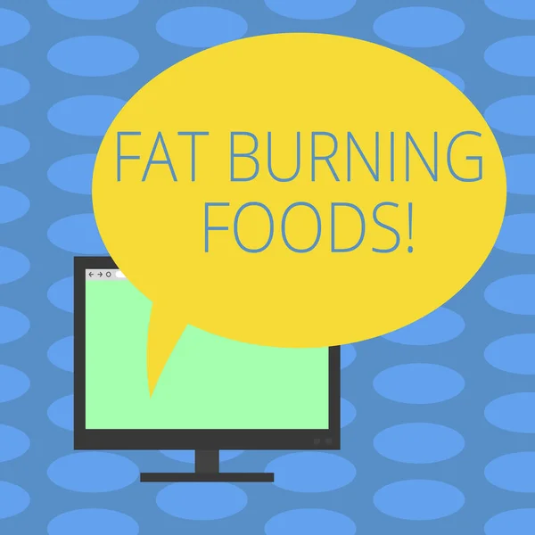 Texto para escrita de palavras Fat Burning Foods. Conceito de negócio para certos tipos de calorias de queima de alimentos como você mastigá-los Tela em branco do monitor de computador montado com bolha de fala de cor oval . — Fotografia de Stock