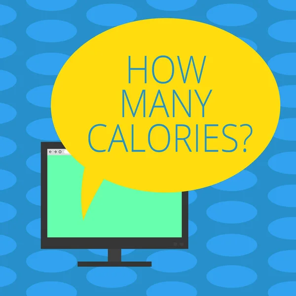 Word writing text How Many Calories. Business concept for asking about nutritional requirement or consumption food Mounted Computer Monitor Blank Screen with Oval Color Speech Bubble. — Stock Photo, Image