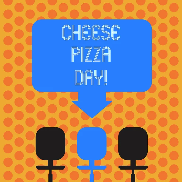 Writing note showing Cheese Pizza Day. Business photo showcasing date started Greeks covered bread with oils herb and cheese Space Color Arrow Pointing to One of the Three Swivel Chairs. — Stock Photo, Image
