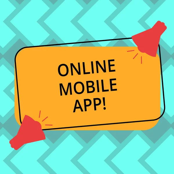 Κείμενο πινακίδα που δείχνει Online Mobile App. εννοιολογική φωτογραφία εφαρμογή λογισμικό σχεδιασμένο να λειτουργεί σε smartphones δύο μεγάφωνο με ήχου εικονίδιο κενό χρώμα ορθογώνιο σχήμα που περιγράφονται. — Φωτογραφία Αρχείου