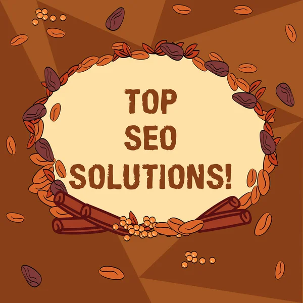 Escritura a mano de texto Top Seo Solutions. Concepto que significa metodología de técnicas para aumentar la cantidad de visitantes Corona hecha de diferentes hojas de semillas de color y Rolled Cinnamon foto . —  Fotos de Stock