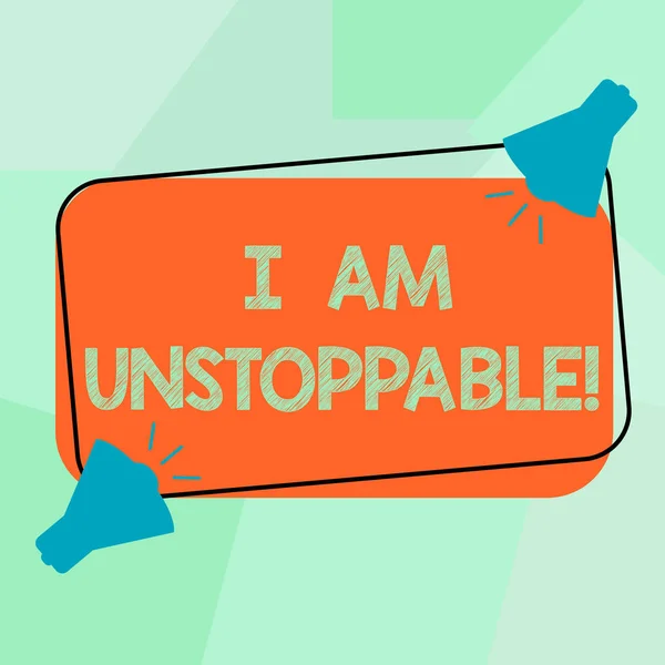 Conceptual hand writing showing I Am Unstoppable. Business photo text incapable of being stopped or destroyed encouraging speech Two Megaphone with Sound icon on Color Outlined Rectangular Shape. — Stock Photo, Image