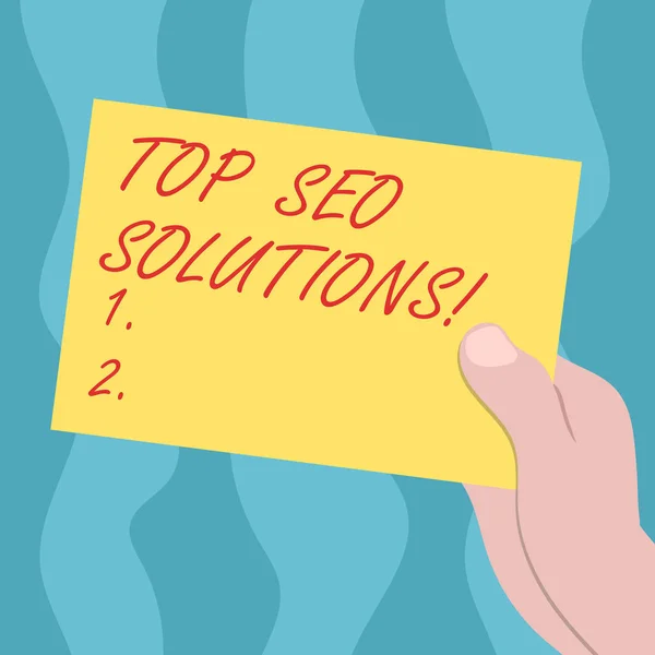 Conceptual hand writing showing Top Seo Solutions. Business photo text methodology of techniques to increase amount of visitors Drawn Hu analysis Hand Holding Blank Color Paper Cardboard. — Stock Photo, Image