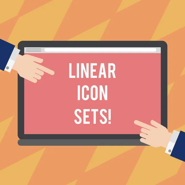 Text sign showing Linear Icon Sets. Conceptual photo figures help us to go faster in way or open phone app Hu analysis Hands from Both Sides Pointing on a Blank Color Tablet Screen. — Stock Photo, Image