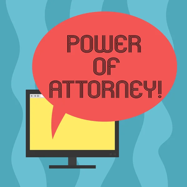 Conceptual hand writing showing Power Of Attorney. Business photo showcasing act for another demonstrating in specified or all legal matters Mounted Computer Blank Screen with Oval Color Speech Bubble — Stock Photo, Image