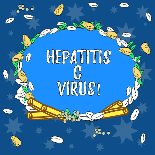 Textzeichen mit Hepatitis-C-Virus. konzeptionelle Foto blutübertragenen Virus und die häufigsten Arten der Infektion Kranz aus verschiedenen farbigen Samen Blätter und Zimt gerollt Foto. — Stockfoto