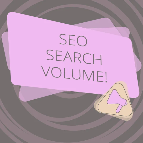 Tekstskilt som viser Seo Search Volume. Begrepsmessig fotomengde av søk som forekommer for bestemte nøkkelord Megafon inne i trekanten og Blank Color Rectangle for kunngjøring . – stockfoto