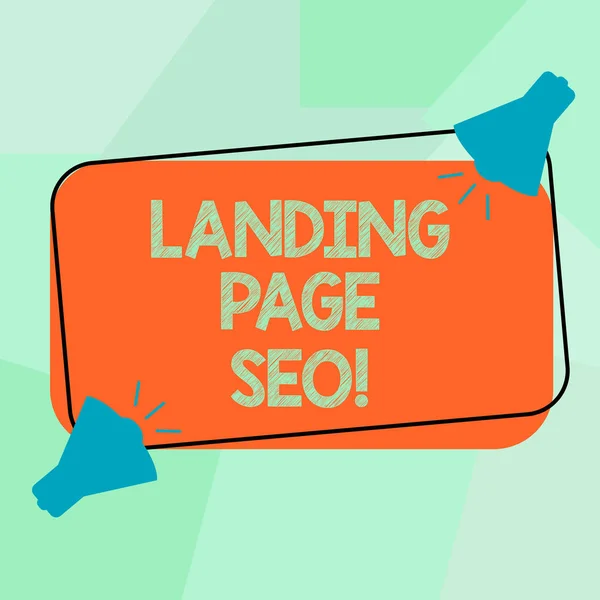 Scrittura concettuale a mano che mostra Landing Page Seo. Business photo text web that visitor arrive after they click link search engine Two Megaphone with Sound icon on Color Outlined Rettangolare Forma . — Foto Stock