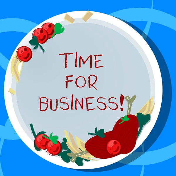 显示企业时间的概念手写。商业照片展示分钟, 必须允许完成操作手绘制羔羊排骨草本香料樱桃番茄在板上. — 图库照片