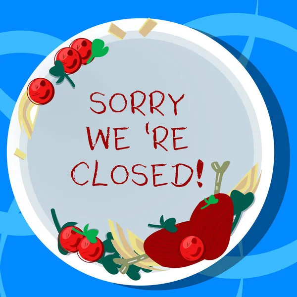 Conceptual hand writing showing Sorry We Re Closed. Business photo showcasing quote that mean store factory or service is not available Hand Drawn Lamb Chops Herb Spice Cherry Tomatoes on Plate. — Stock Photo, Image