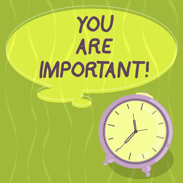 Writing note showing You Are Important. Business photo showcasing means that you care about something or demonstrating alot Blank Color Thought Speech Bubble with Outline and Alarm Clock photo. — Stock Photo, Image