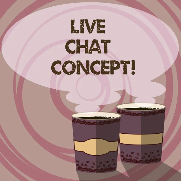 Scrittura concettuale a mano che mostra il concetto di Live Chat. Business photo showcase web service che permette di mostrare agli amici di comunicare Two To Go Cup con l'icona Beverage e Steam Speech Bubble . — Foto Stock