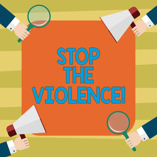 Signo de texto que muestra Stop The Violence. Programa de fotos conceptuales empodera a los jóvenes con actitudes habilidades y recursos Análisis de Hu Manos Cada lupa y megáfono en 4 esquinas . —  Fotos de Stock