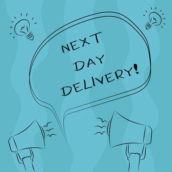 Conceptuele hand schrijven tonen Next Day Delivery. Zakelijke foto presentatie van dienst kunt dat u hebben dag na bestelling Freehand overzicht schets van Bubble megafoon idee pictogram spraak geleverde goederen. — Stockfoto