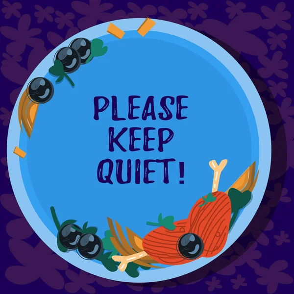 Text sign showing Please Keep Quiet. Conceptual photo prevent someone from speaking saying something secret Hand Drawn Lamb Chops Herb Spice Cherry Tomatoes on Blank Color Plate