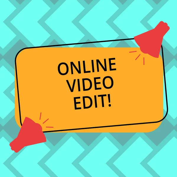 Text sign showing Online Video Edit. Conceptual photo taking away clips of that video that are not necessary Two Megaphone with Sound icon on Blank Color Outlined Rectangular Shape.