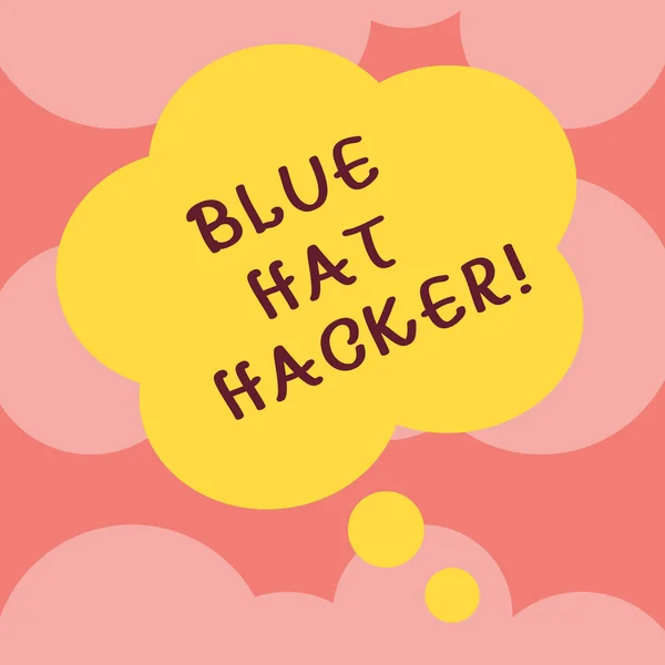 Escrevendo uma nota mostrando Blue Hat Hacker. Foto de negócios mostrando empresas de consultoria Pessoa que sistema de bugs antes de seu lançamento Floral Shape Thought Speech Bubble para anúncios de apresentação . — Fotografia de Stock