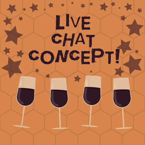 Writing note showing Live Chat Concept. Business photo showcasing web service that allows showing friends to communicate Filled Cocktail Wine Glasses with Scattered Stars as Confetti Stemware.