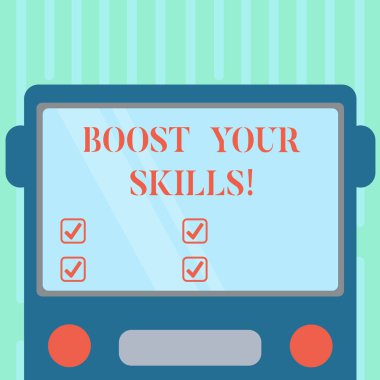 Yazma metin Boost Your becerileri kelime. İş kavramı geliştirmek yetenek bir şeyler yapmak iyi ve zor çizilmiş düz ön görünümü, otobüs boş renk pencere kalkan yansıtan ile tren.