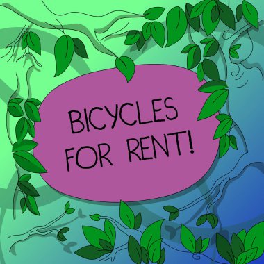 Kiralık bisikletler yazma el yazısı metin. Kavram anlamı kısa bir süre için genellikle birkaç saat ağaç dalları dağınık yaprakları çevreleyen renk metin boşluk ile Bisiklet kiralar.