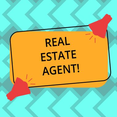 Emlakçı gösterilen metin işareti. Pazarlık ve alış ve satış iki megafon ile boş renk dikdörtgen şeklinde özetlenen ses simgesini düzenlemek kavramsal fotoğraf profesyoneller.