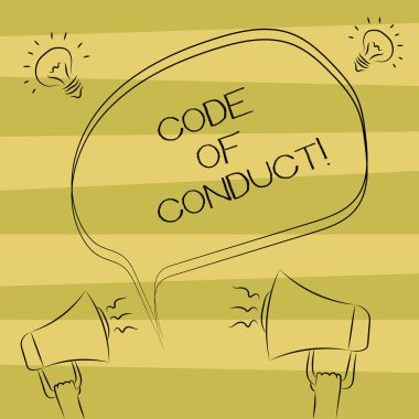 Davranış Tüzüğü gösterilen metin işareti. Kavramsal fotoğraf etik kuralları ahlaki etik ilkeleri değerleri Freehand anahat kroki, boş konuşma balonu megafon ses fikir simgesinin saygı kodları.