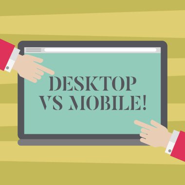 Masaüstü Vs cep gösterilen metin işareti. Kavramsal fotoğraf demonstratingal bilgisayar dizüstü bilgisayar ya da cep telefonları Hu analiz elleri boş bir renk Tablet ekran üzerinde her iki taraf işaret karşı karşılaştırma.