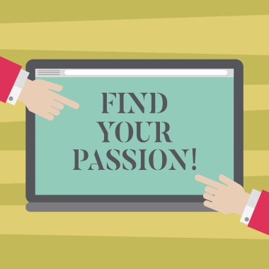 Sizin tutku bulmak gösterilen metin işareti. Güçlü ve çok az kontrol edilebilir duygusal Hu analiz elleri boş bir renk Tablet ekran üzerinde her iki taraf işaret için kavramsal fotoğraf arama.